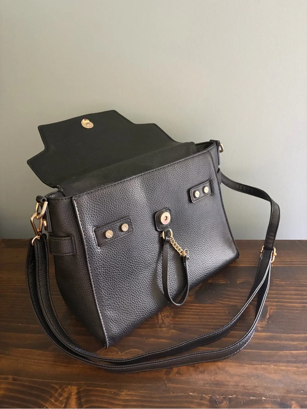 Aldo Black Faux Leather Top-Handle Satchel with Scarf Accent & Gold Hardware